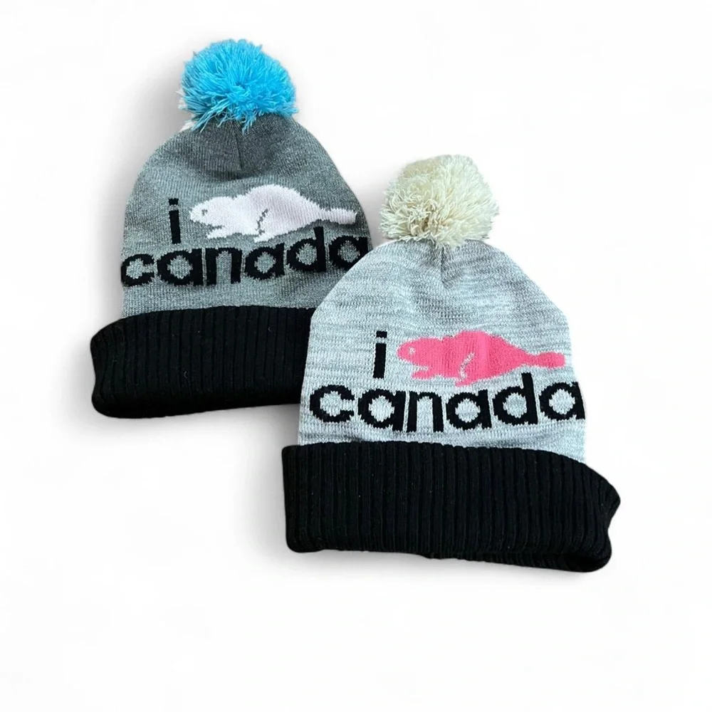 Roots Canada Kids Knit Beanie Set of 2 Gray and Pink Girls 23cm winter ski